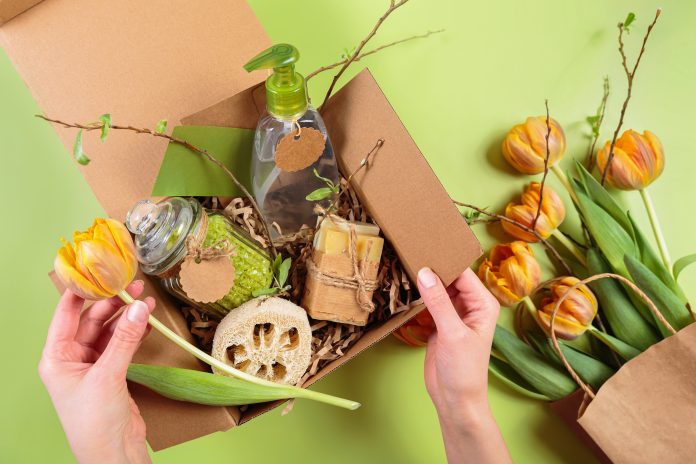 Spa Gift Box with Hands Holding Tulips
