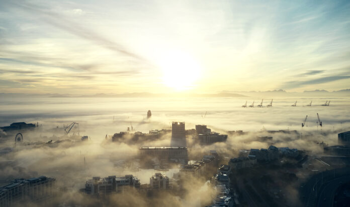 Shot of mist and clouds along the coast of Cape Town in South Africa.